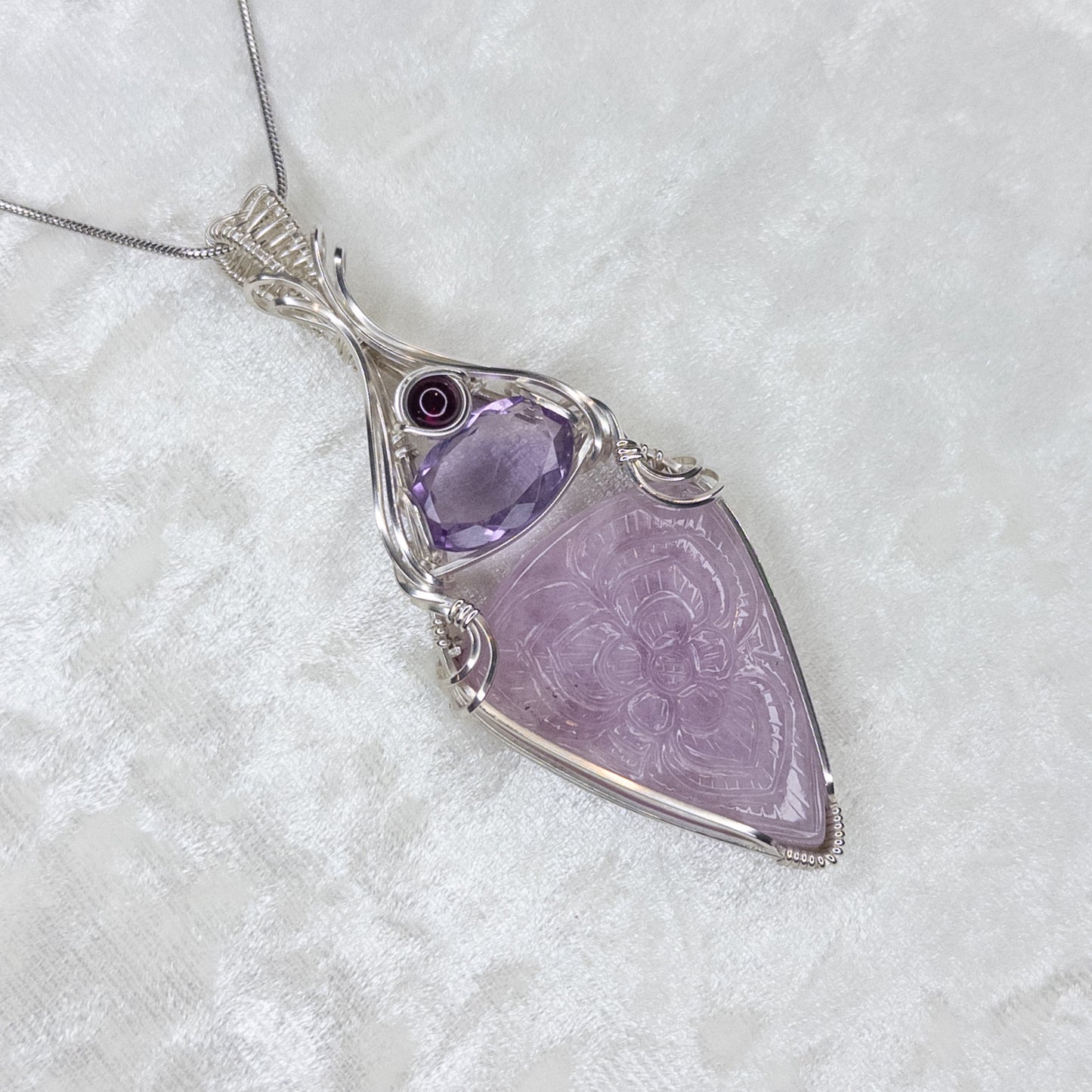 Floral Motif Carved Kunzite, Faceted Rose de France Amethyst, & Fuschia Garnet Solid Sterling Silver Wrapped Pendant