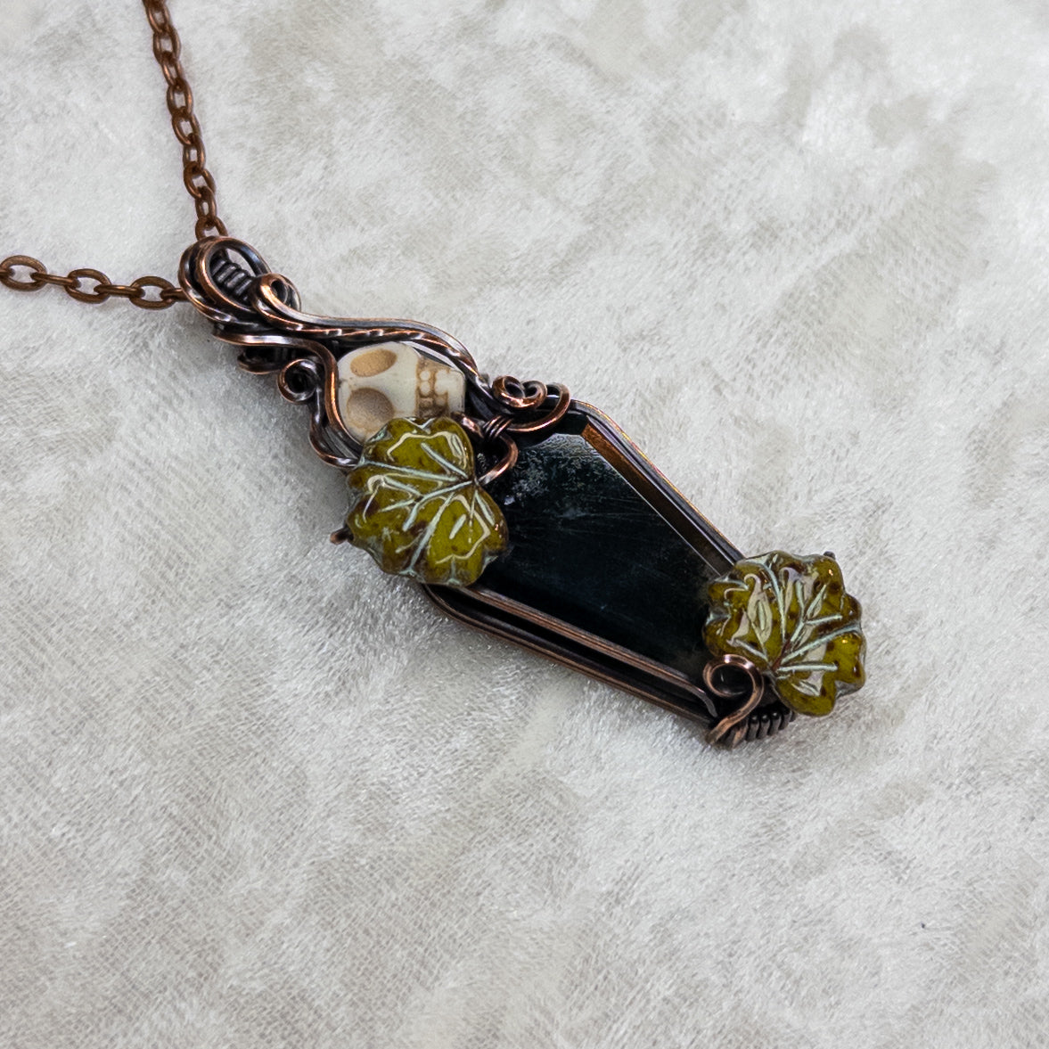 Moss Agate Coffin Antiqued Copper Pendant With Czech Glass Leaves & Stone Skull