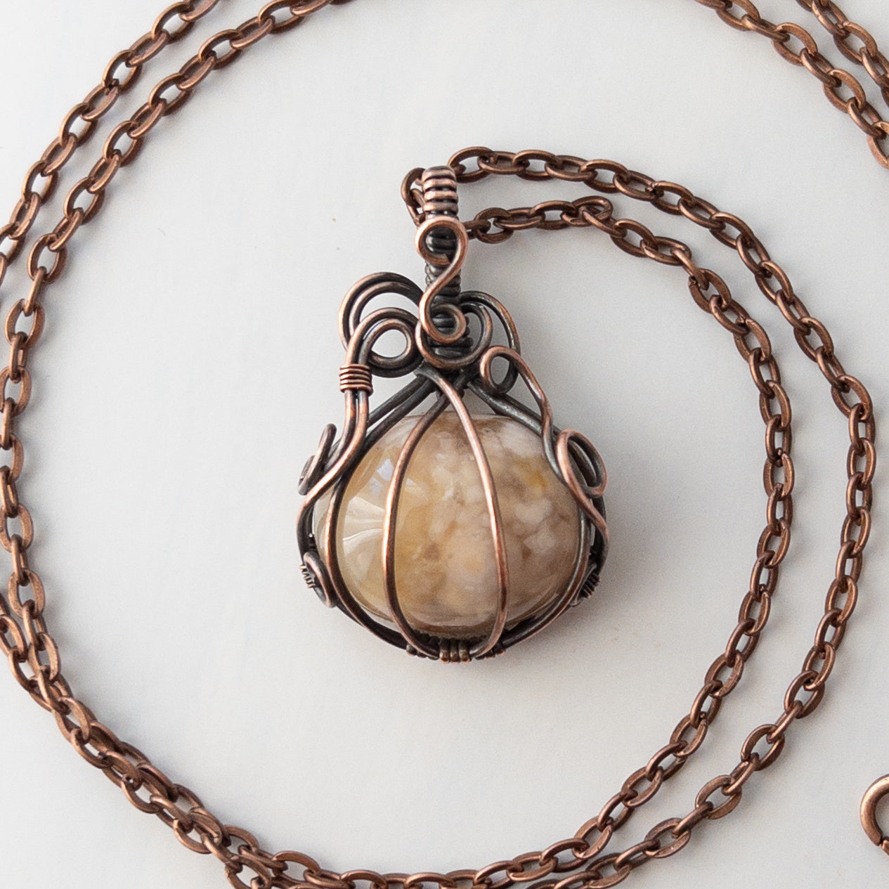 Flower Agate Pumpkin Antiqued Copper Wrapped Pendant