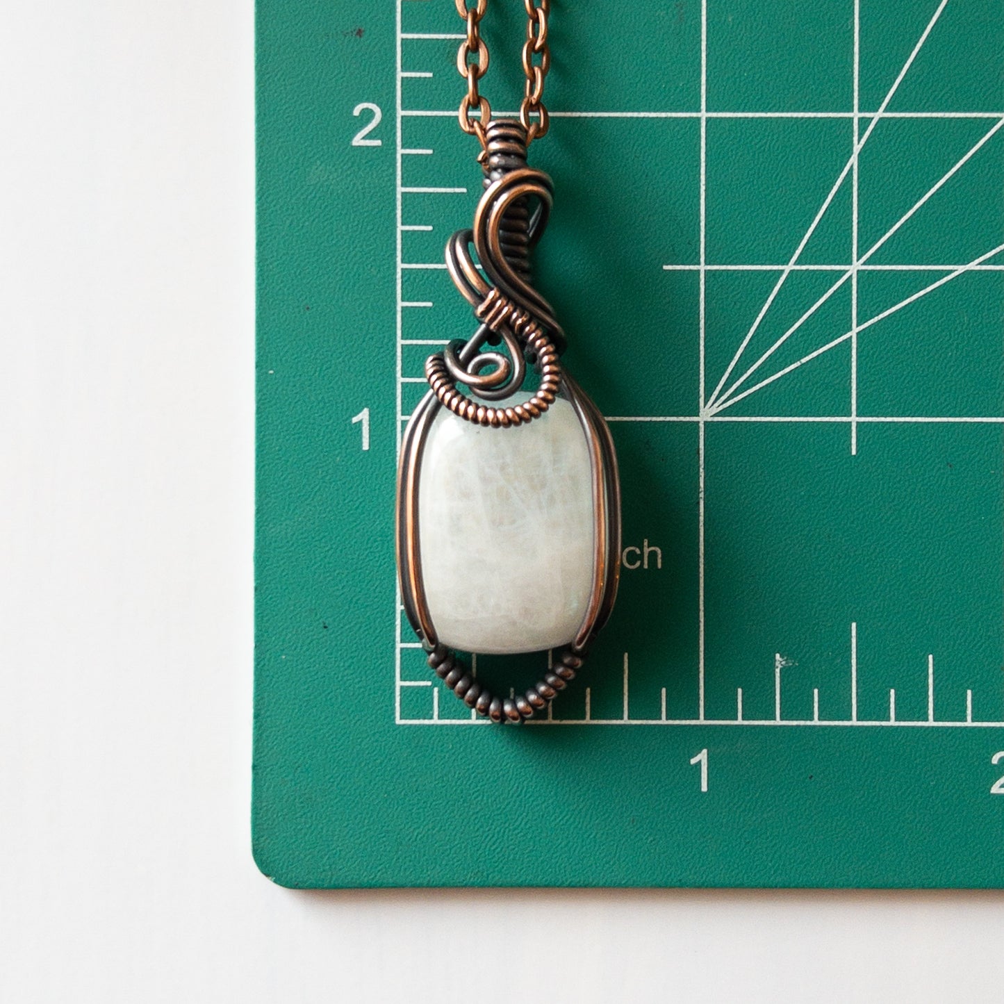 Rectangular Rainbow Moonstone & Copper Wrapped Pendant