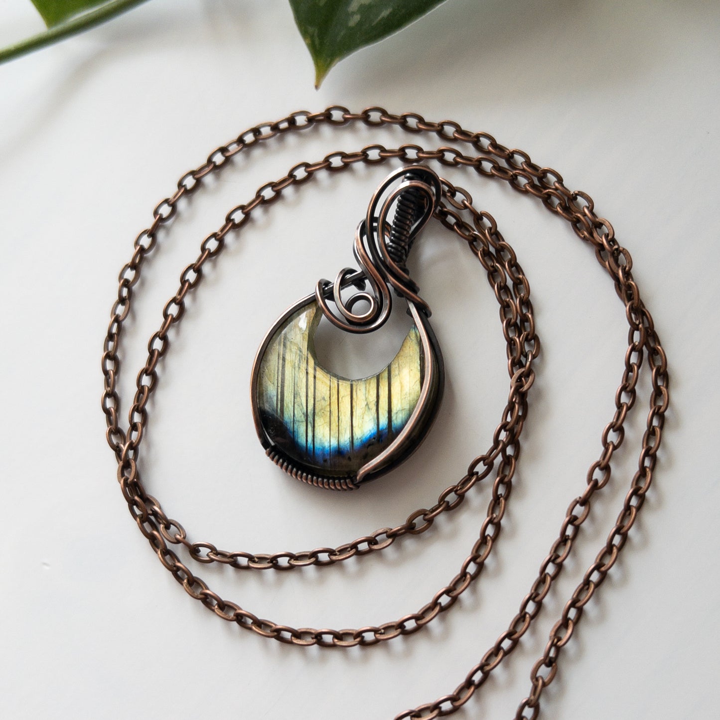 Labradorite Moon & Copper Wrapped Pendant