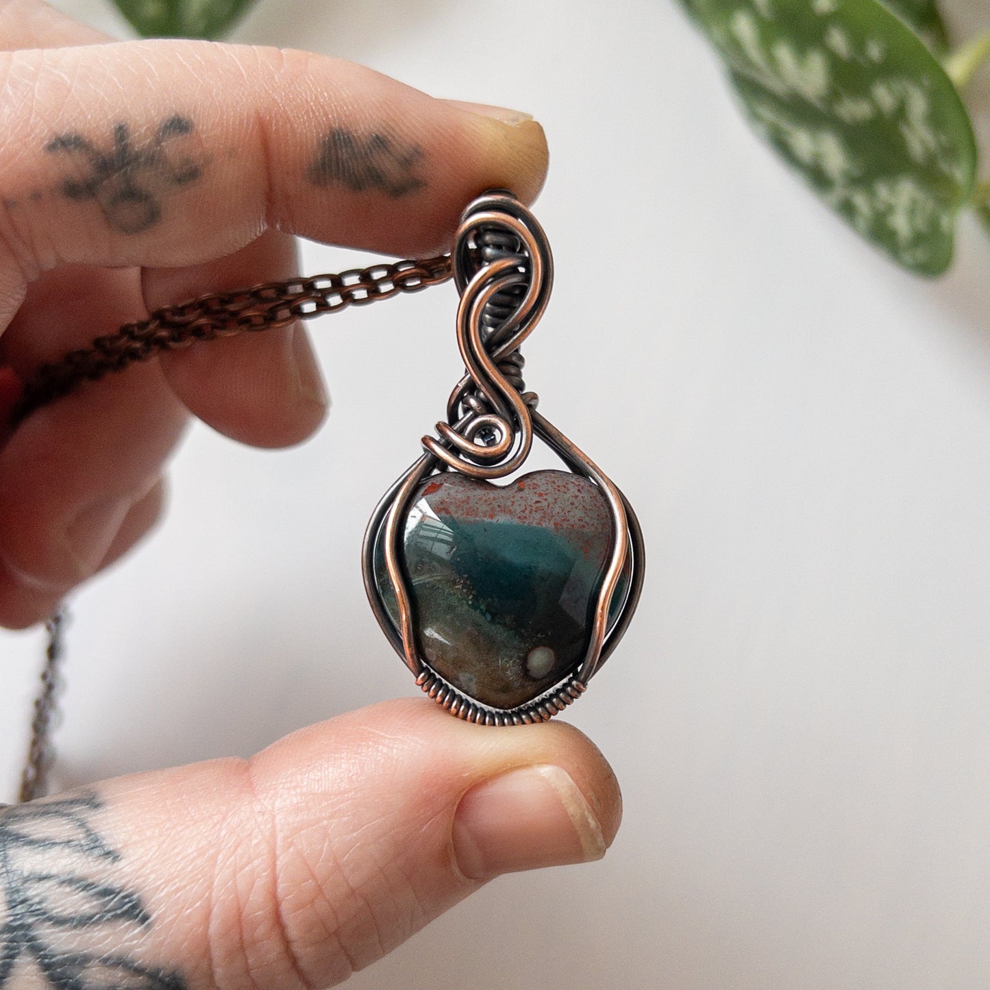 Ocean Jasper Heart & Copper Wrapped Pendant