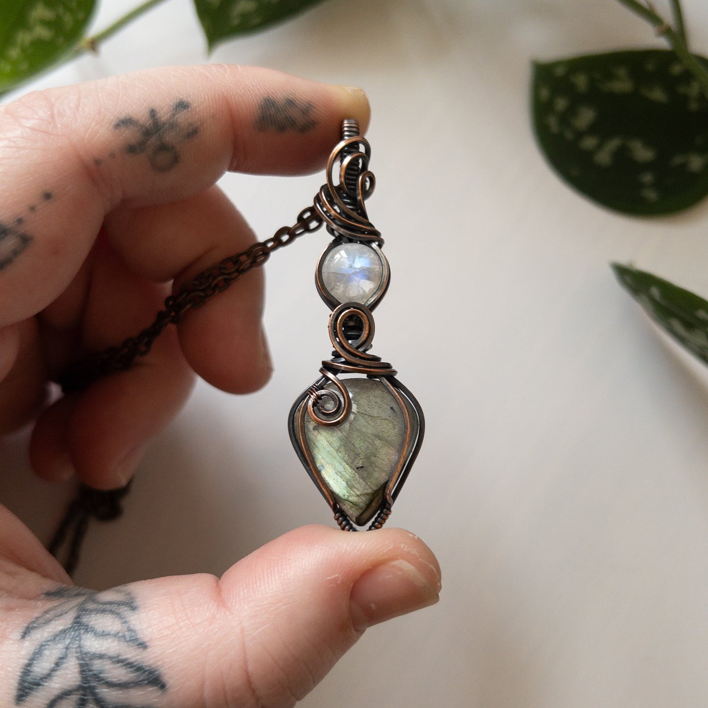 Labradorite With Moonstone & Copper Wrapped Pendant