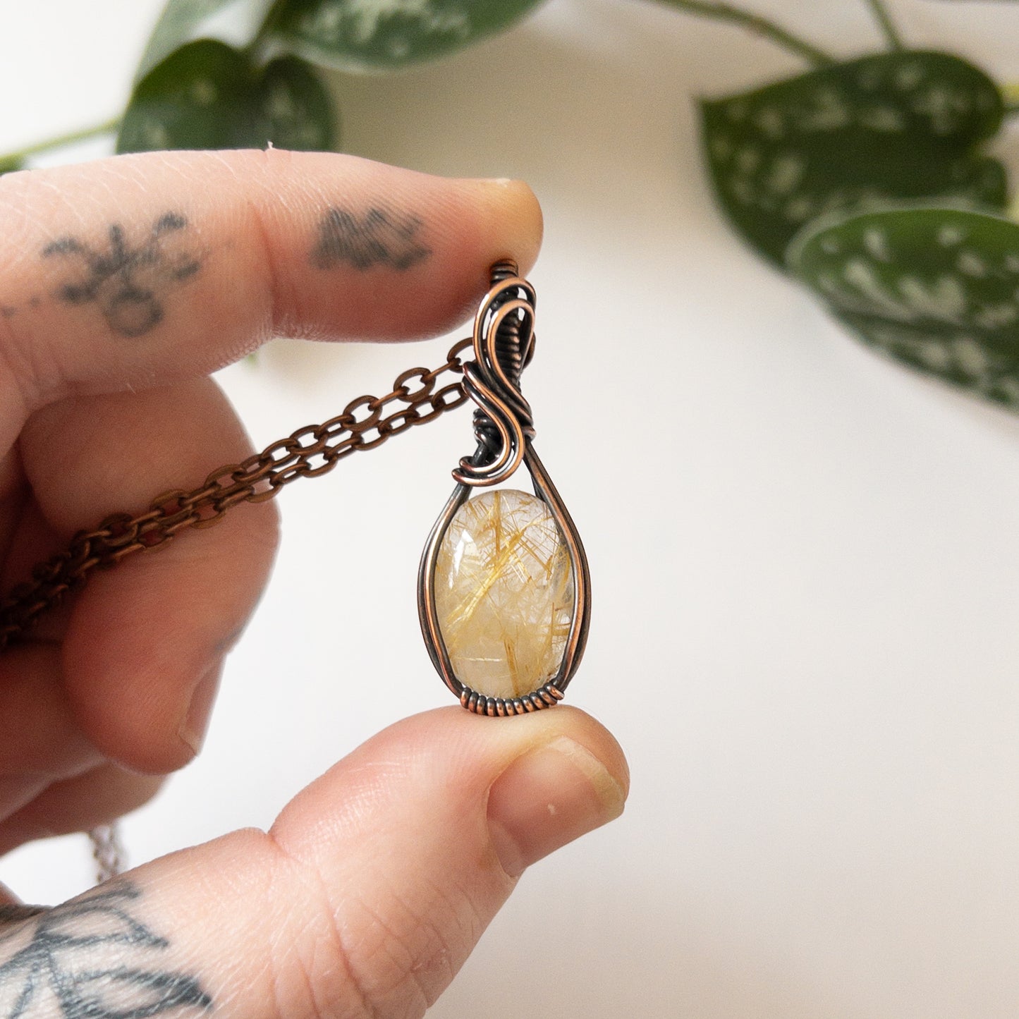 Gold Rutilated Quartz & Copper Wrapped Pendant