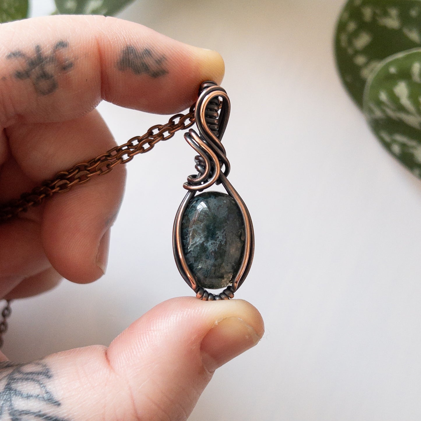 Moss Agate & Copper Wrapped Pendant
