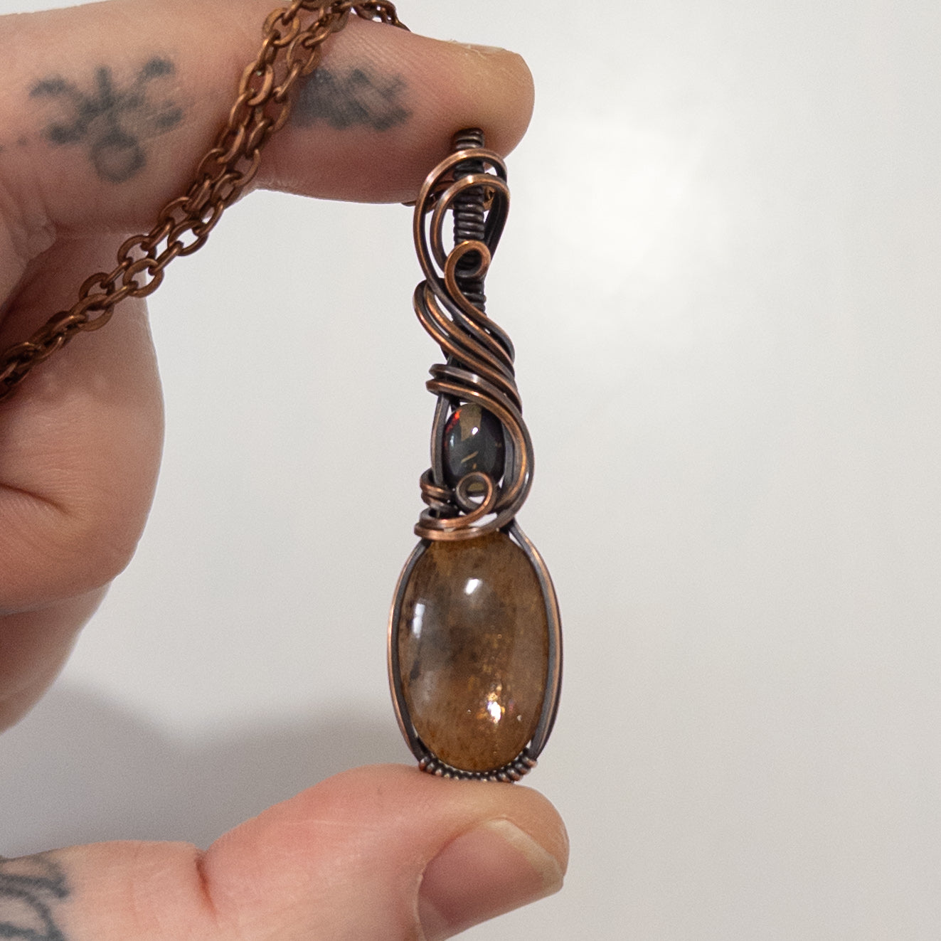 Black Sunstone & Smoked Opal Copper Wrapped Pendant