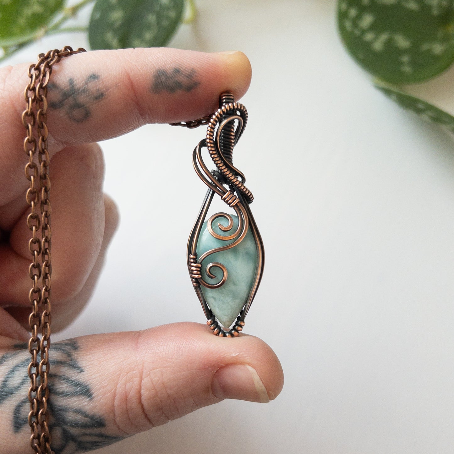 Larimar & Copper Wrapped Pendant With Swirl Motif