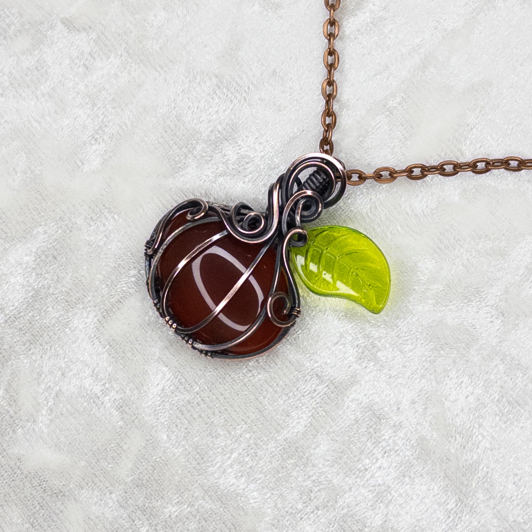 Carnelian & Glass Leaf Antiqued Copper Pumpkin Pendant