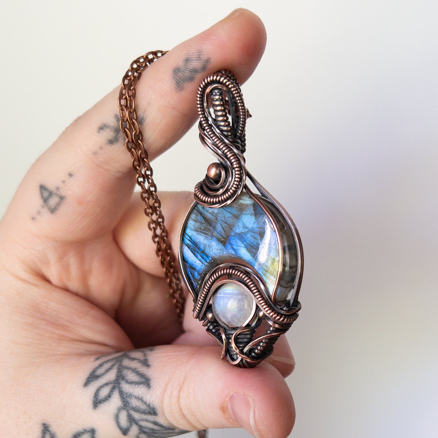 Labradorite With Moonstone Antiqued Copper Amulet Pendant