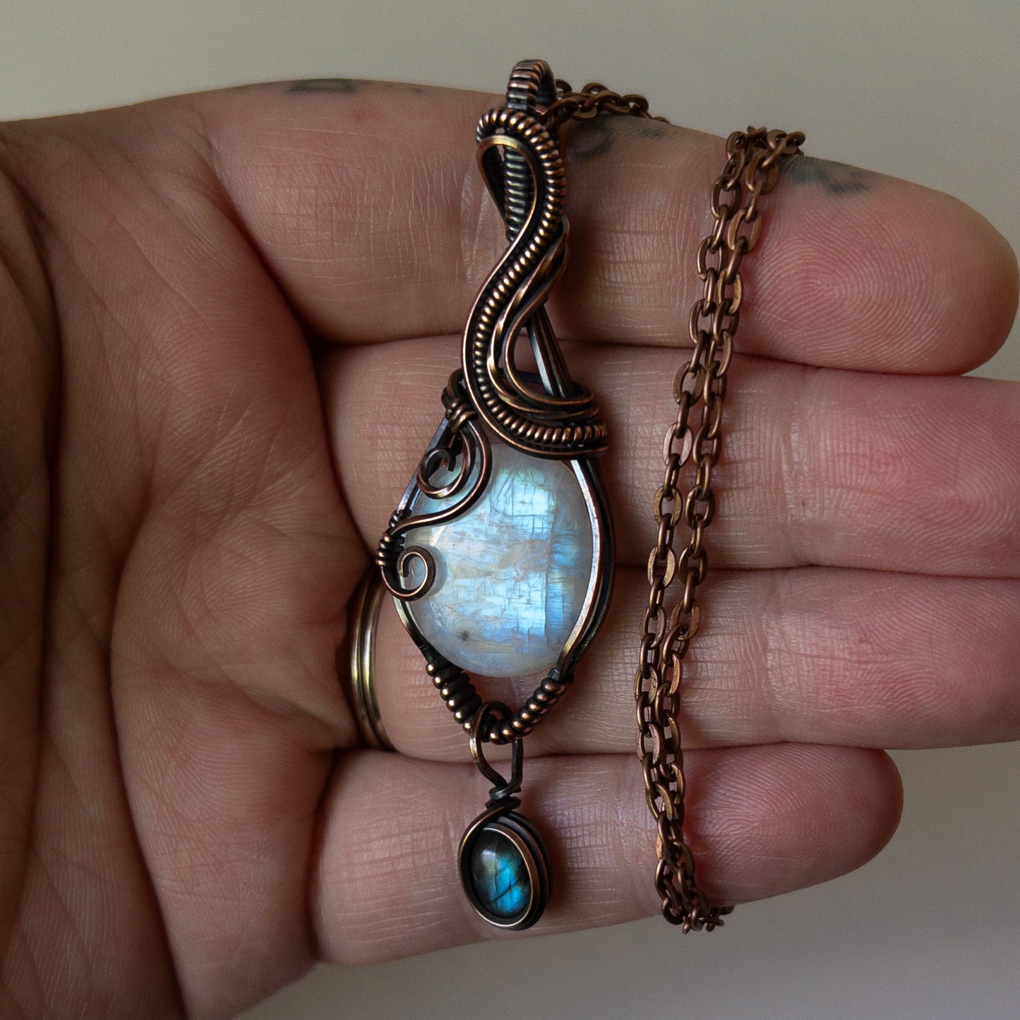 Rainbow Moonstone With Labradorite Charm Copper Wrapped Pendant