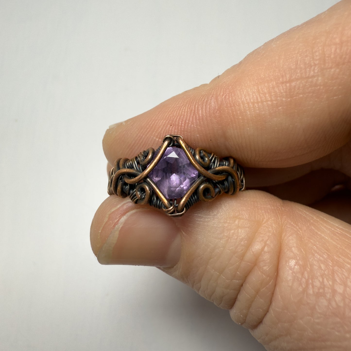 Amethyst Intricate Woven Copper Ring 7.5