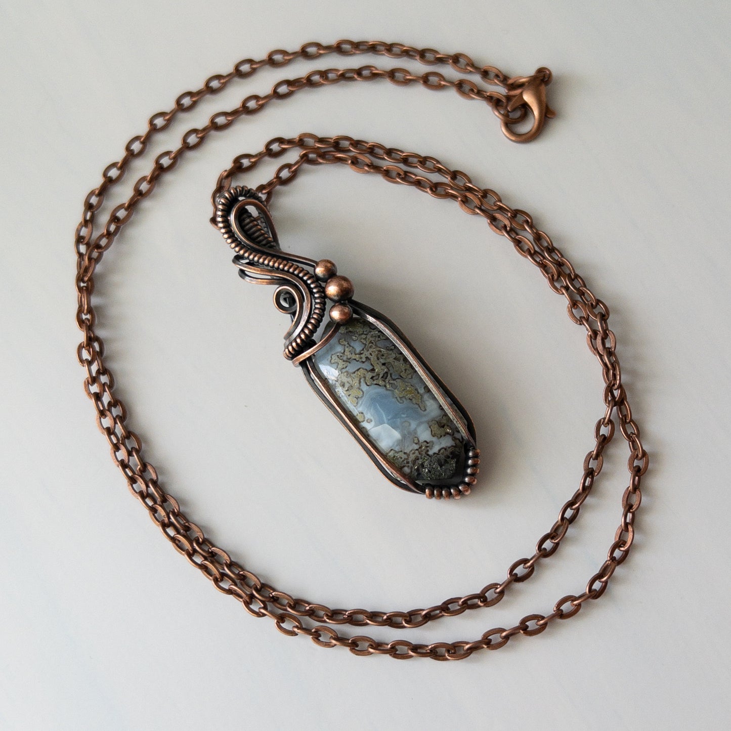 Marquise Mossy Blue Opal Copper Wrapped Pendant