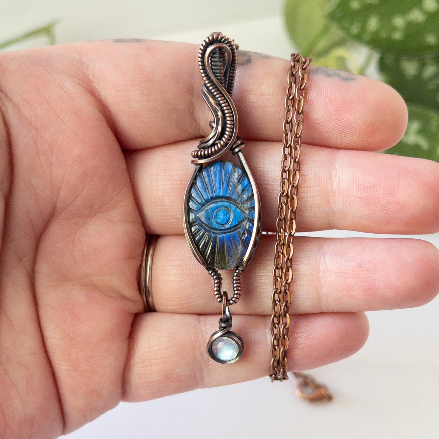 Labradorite Eye With Moonstone Charm Copper Wrapped Pendant