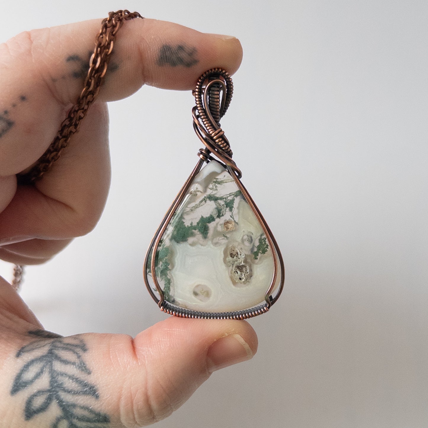 Moss & White Agate Antiqued Copper Wrapped Pendant