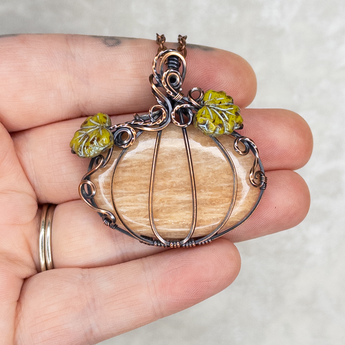 Peach Moonstone Antiqued Copper Pumpkin Pendant With Czech Glass Leaves