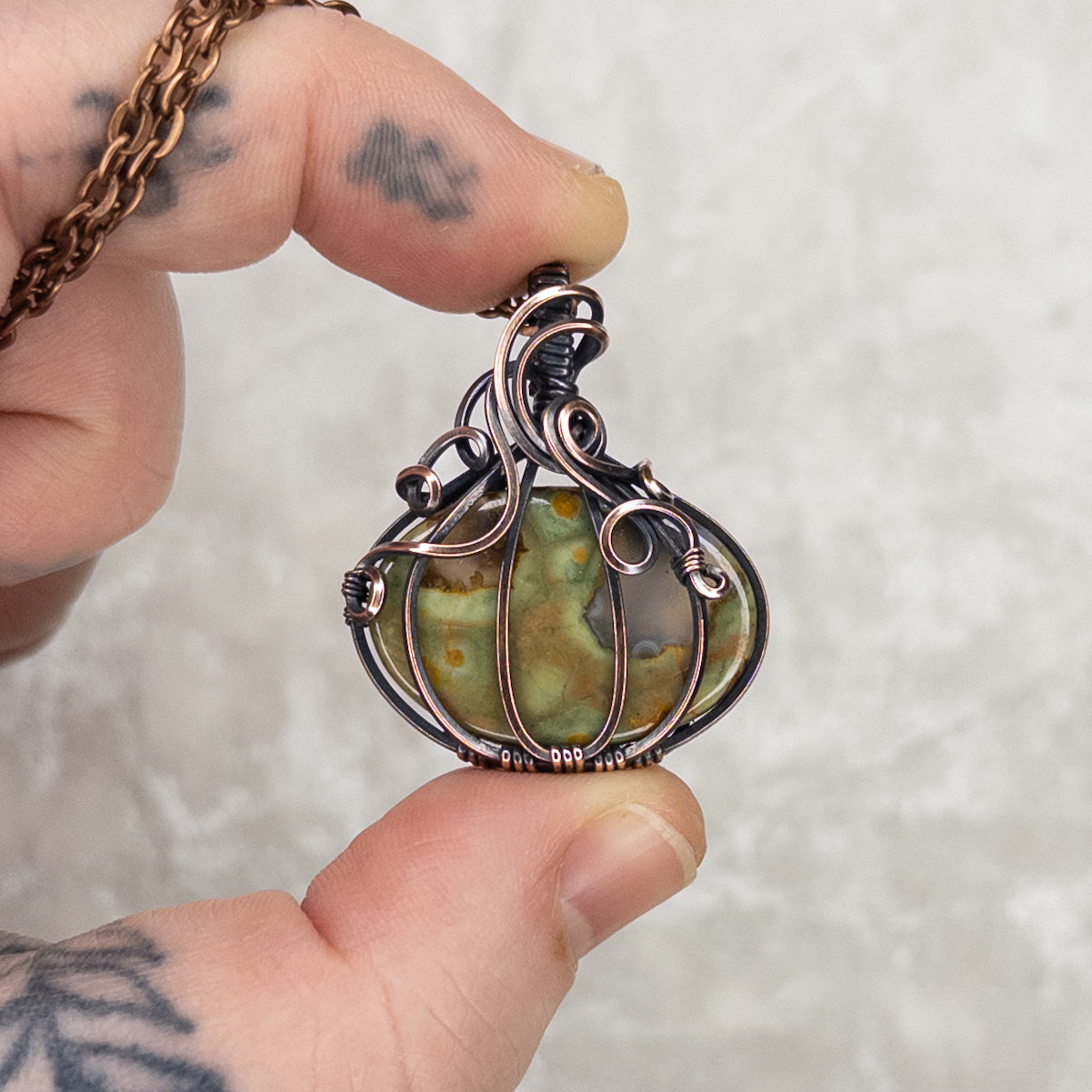 Rainforest Jasper Antiqued Copper Pumpkin Pendant