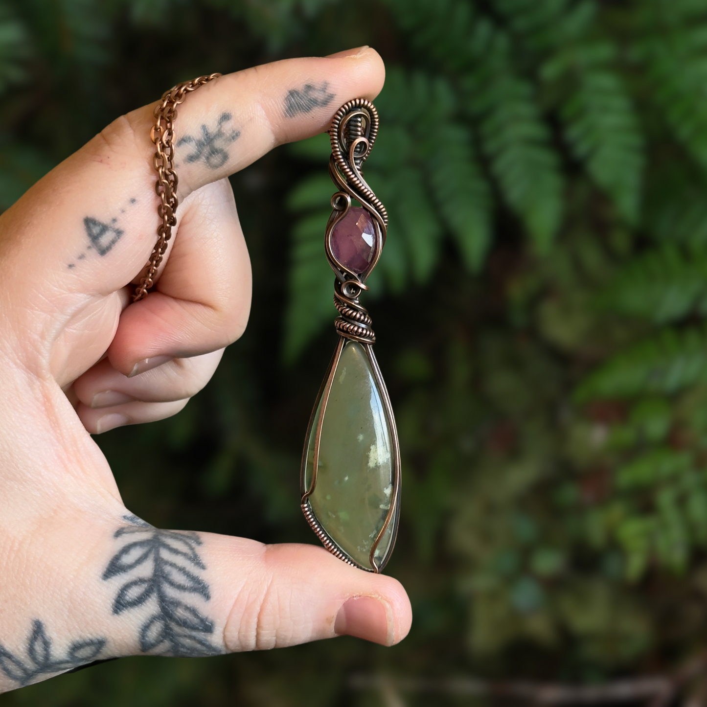 Tulip Inspired Prehnite & Pink Sapphire Antiqued Copper Wrapped Pendant