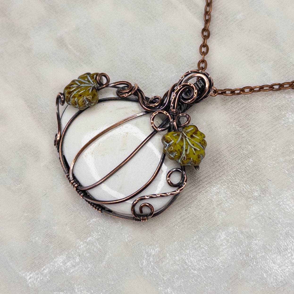Large White Scolecite Antiqued Copper Pumpkin Pendant with Czech Glass Leaves