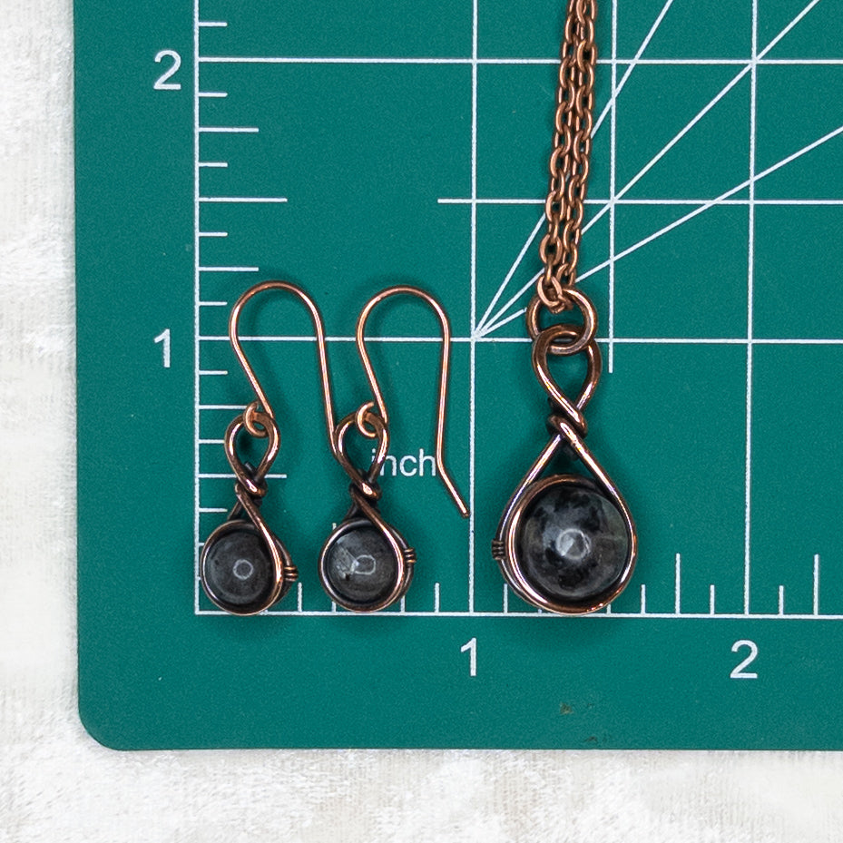 Drops Of Larvikite Antiqued Copper Necklace & Earring Set