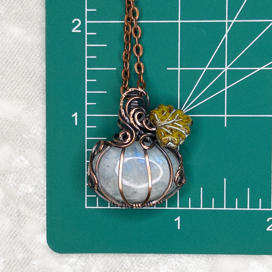 White Moonstone Antiqued Copper Pumpkin Pendant With Czech Glass Leaf