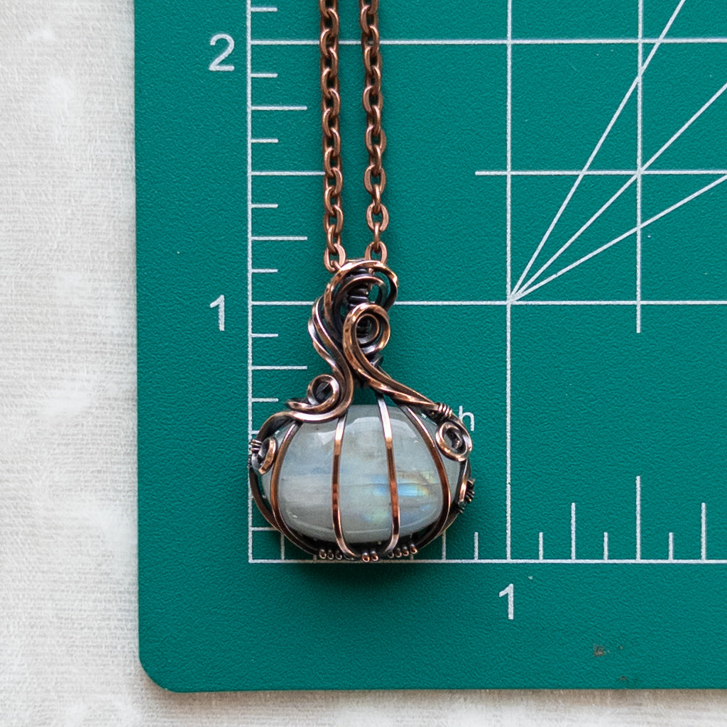 Mini Rainbow Moonstone Antiqued Copper Pumpkin Pendant