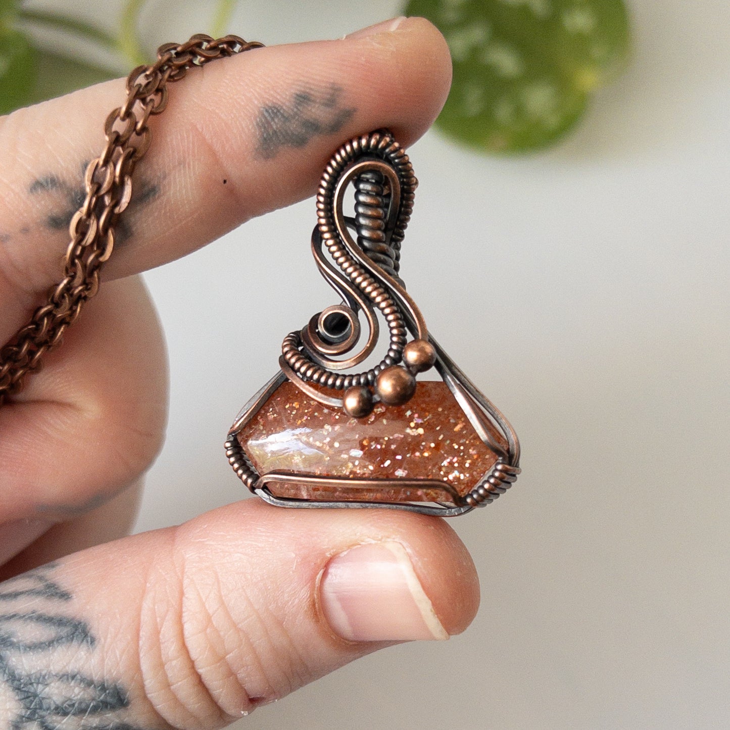 Sunstone “Potion Bottle” Shaped Copper Wrapped Pendant