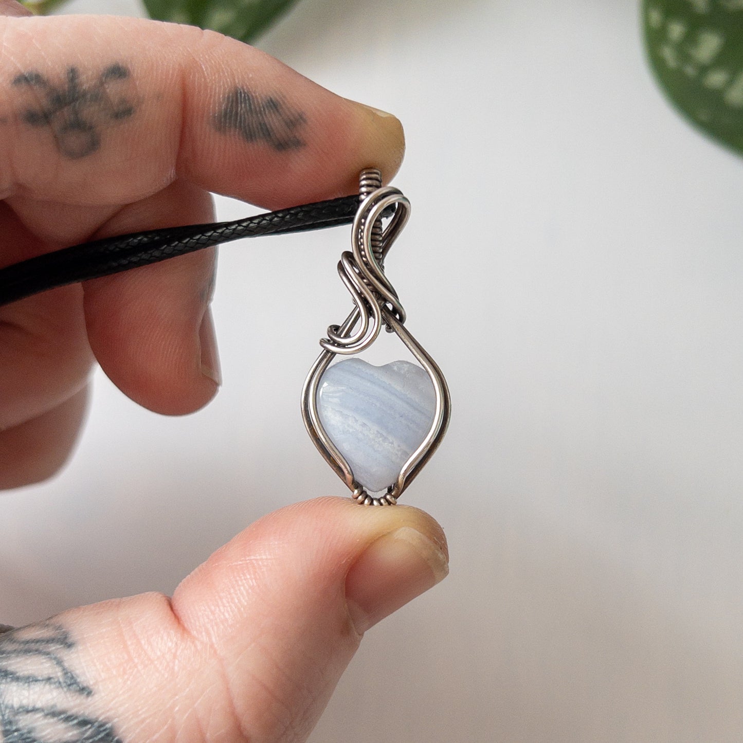 Mini Blue Lace Agate Heart & Sterling Silver Wrapped Pendant - C