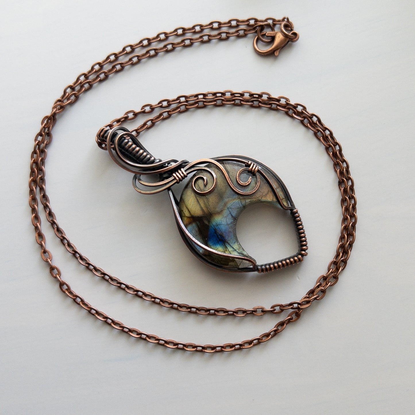 Labradorite Crescent Moon Copper Wrapped Pendant