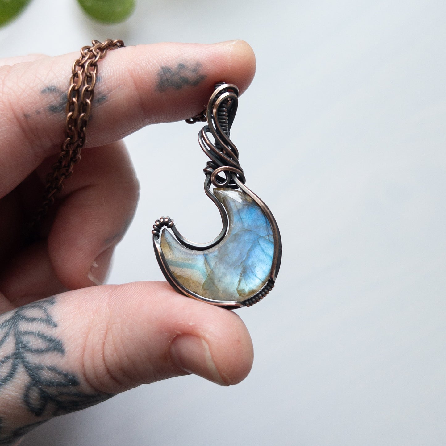 Labradorite Moon & Copper Wrapped Pendant