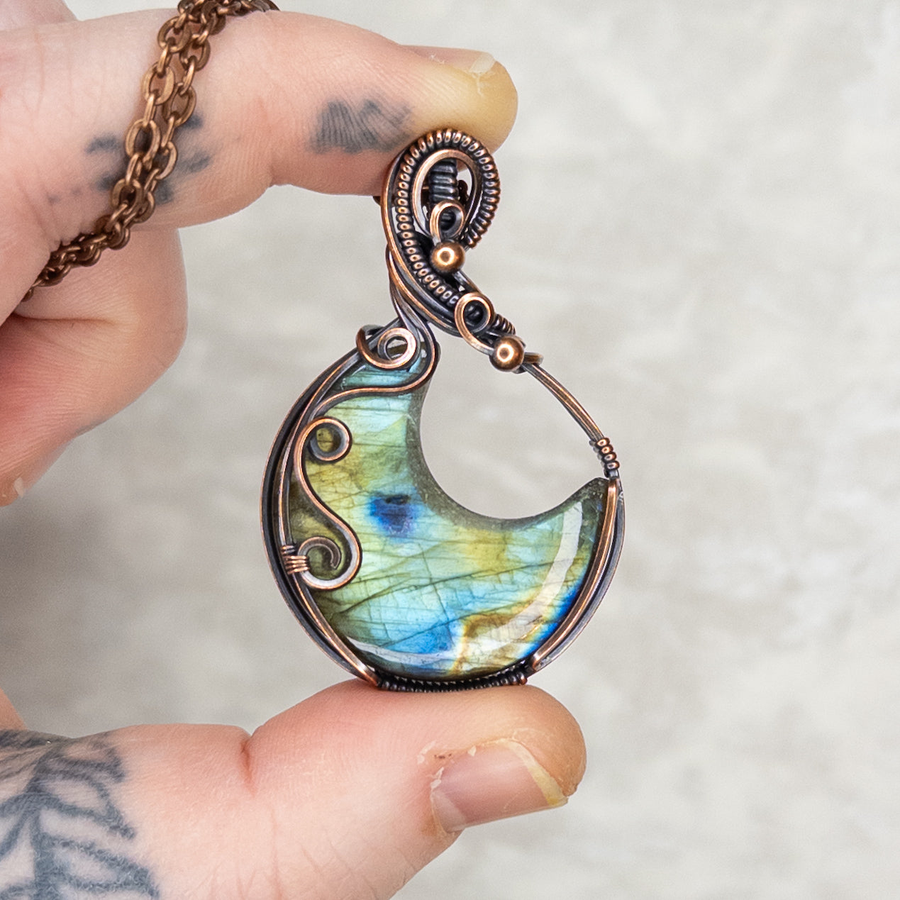 Labradorite Moon Antiqued Copper Pendant