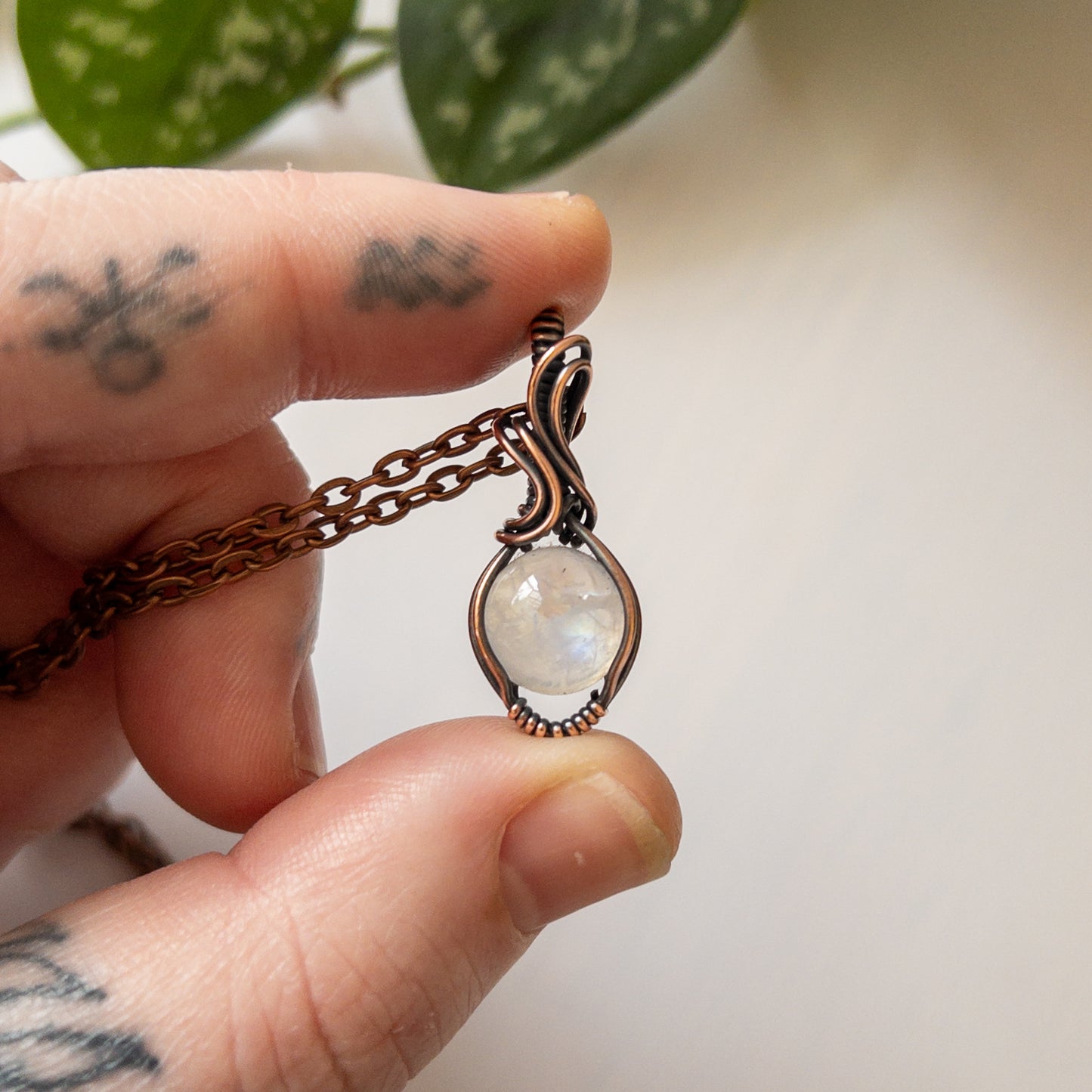 Rainbow Moonstone & Copper Wrapped Pendant