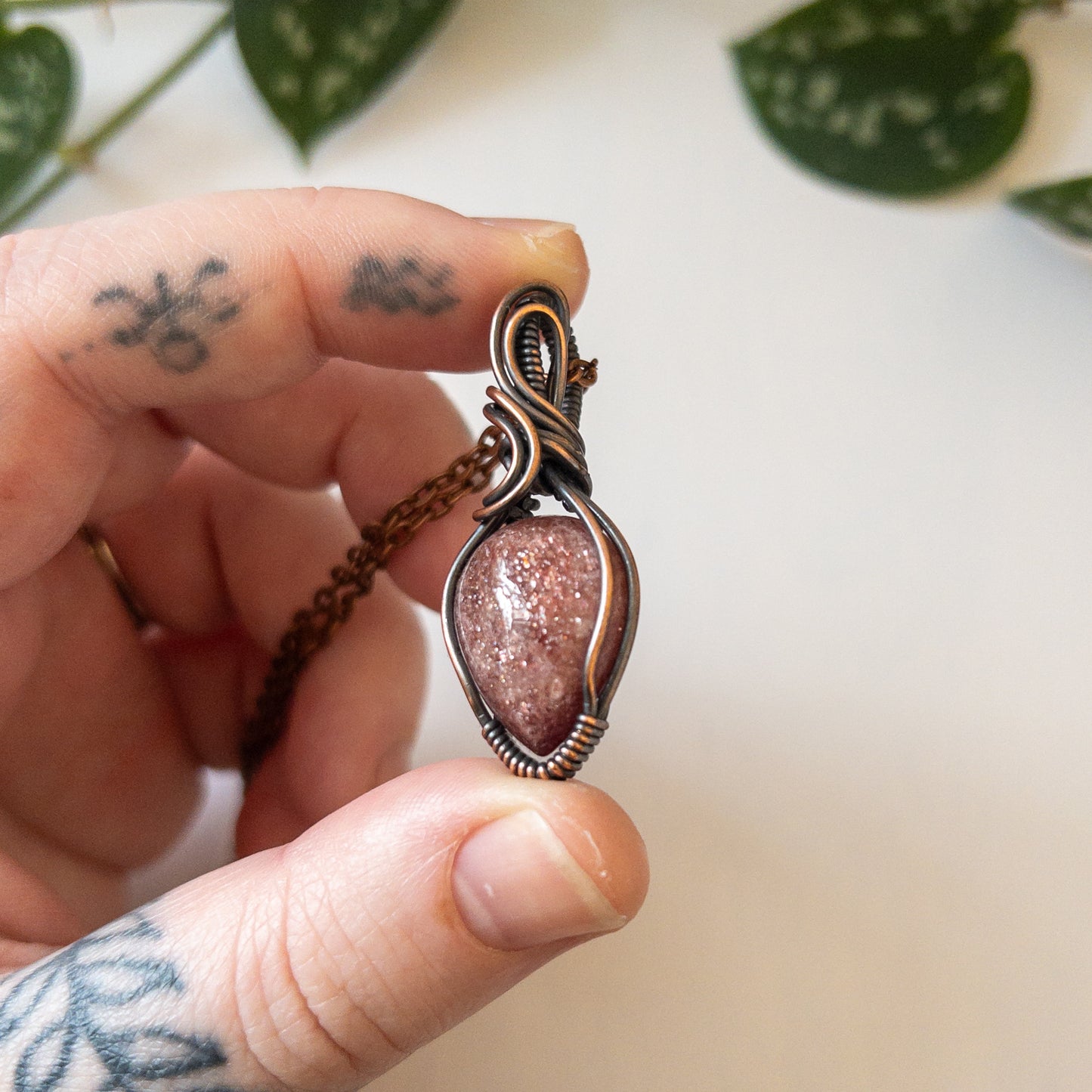 Strawberry Quartz & Copper Wrapped Pendant