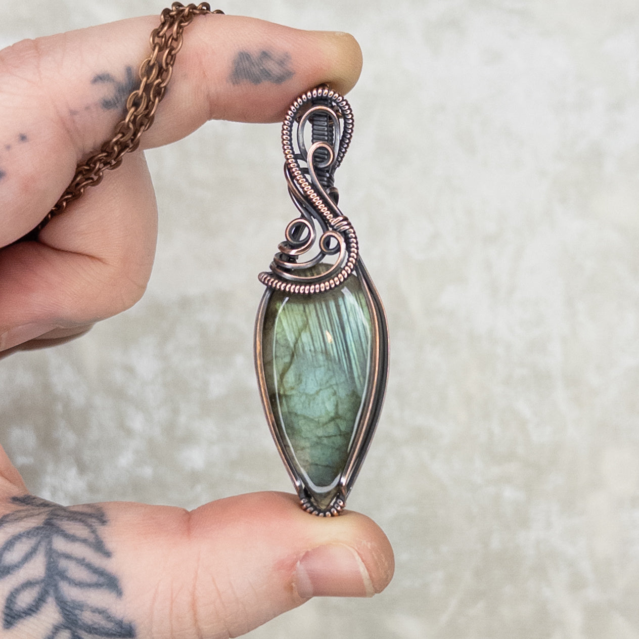 “Pond Reflection” Labradorite Antiqued Copper Wrapped Pendant