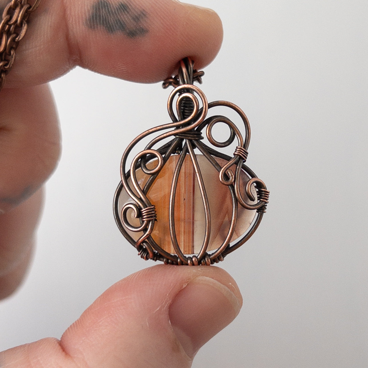 Banded Carnelian Pumpkin Antiqued Copper Wrapped Pendant