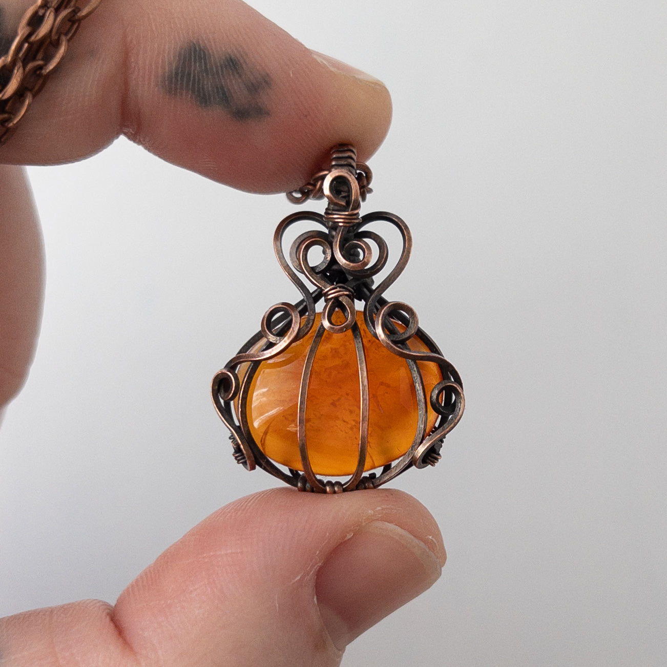 Orange Carnelian Pumpkin Antiqued Copper Wrapped Pendant