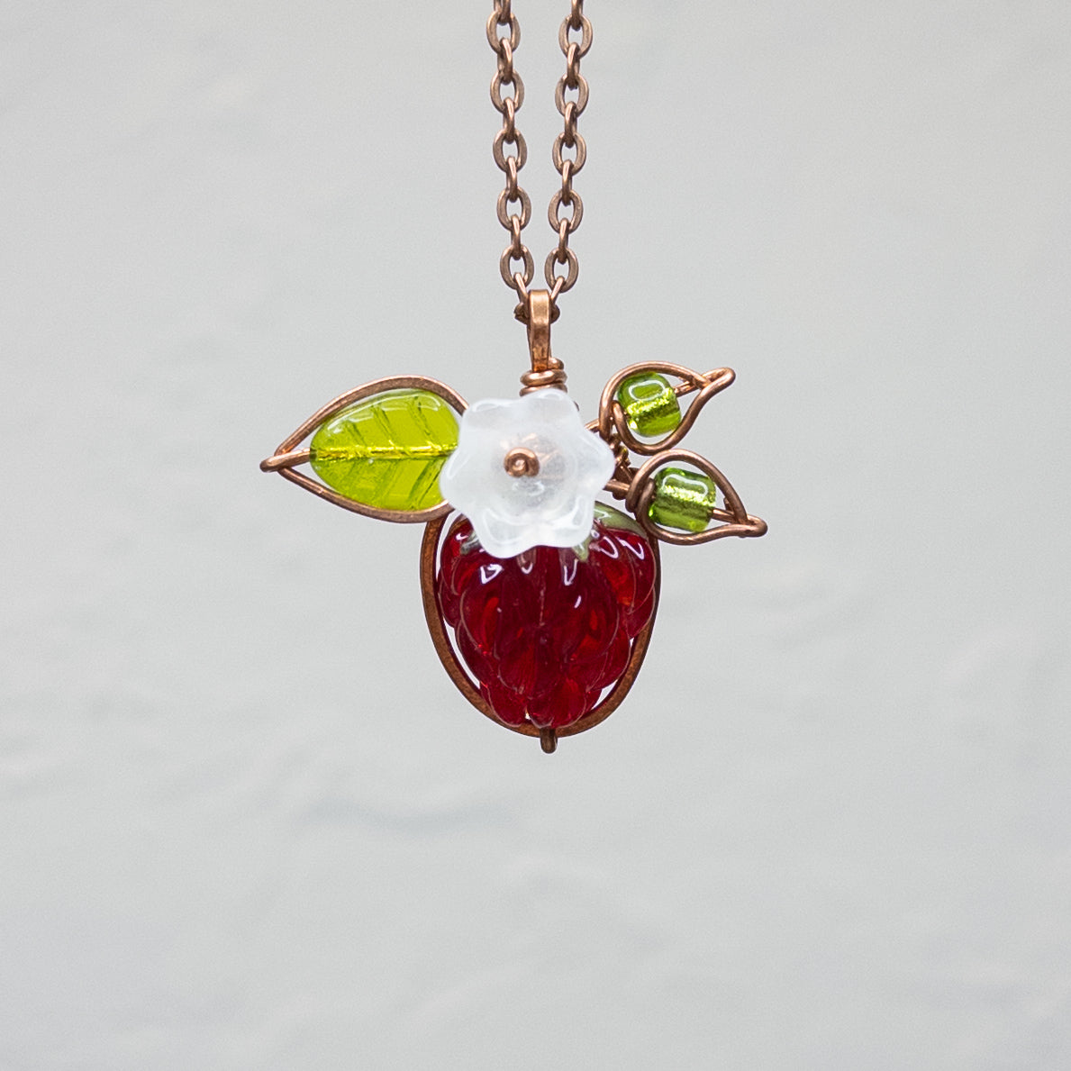 Whimsical Glass Raspberry Copper Wrapped Pendant with Glass Flower - A