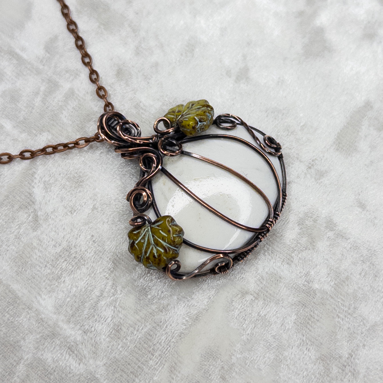 Large White Scolecite Antiqued Copper Pumpkin Pendant with Czech Glass Leaves