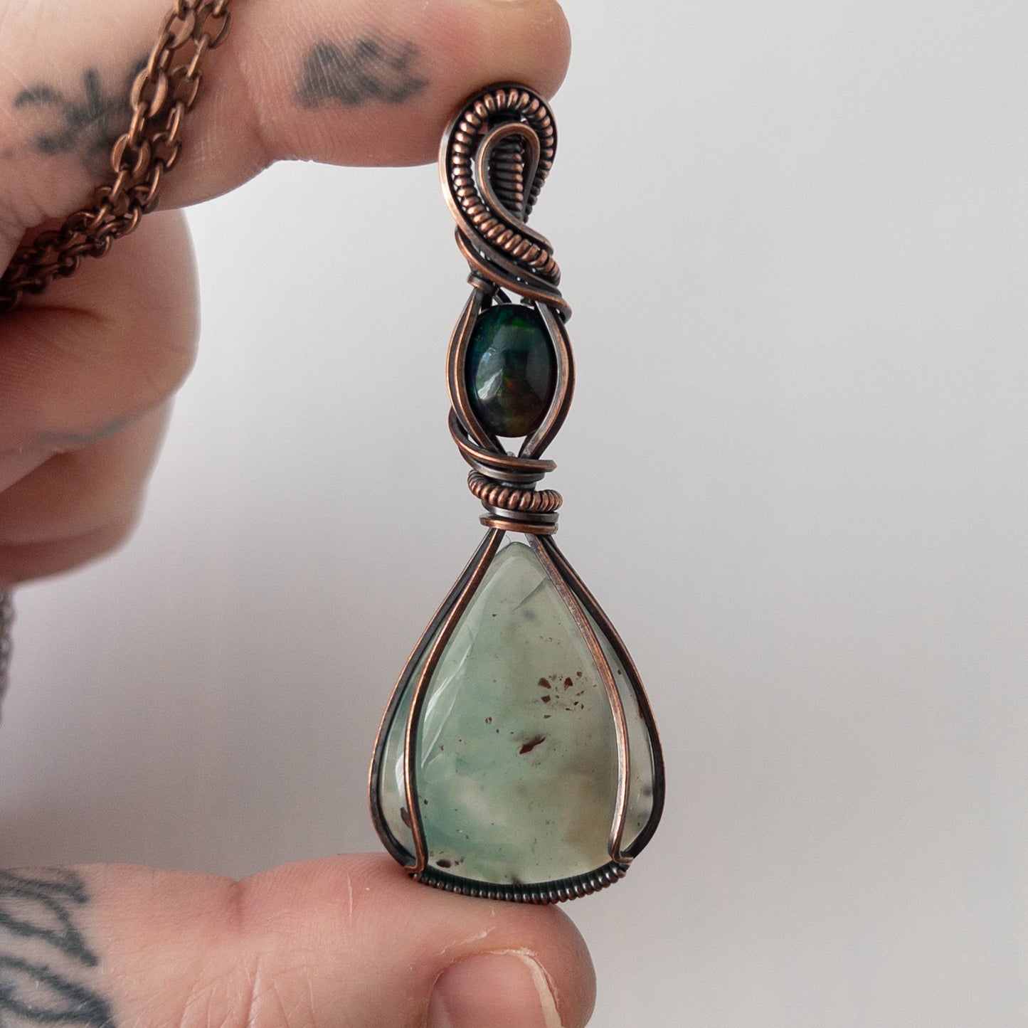 Aquaprase & Smoked Opal Antiqued Copper Wrapped Pendant