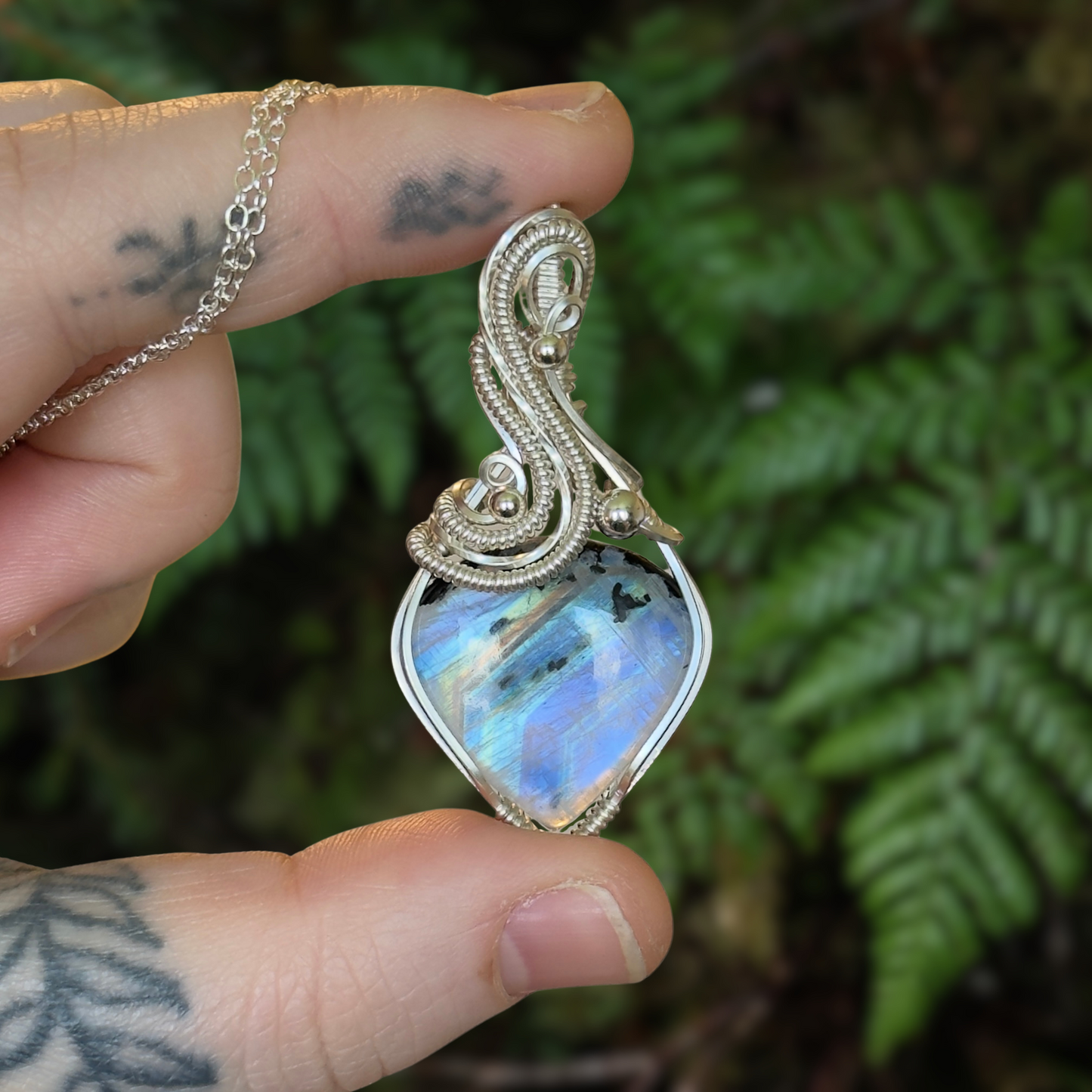 High Quality Rainbow Moonstone Sterling Silver Wrapped Pendant