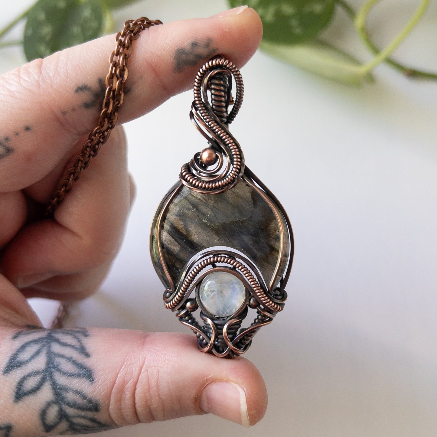 Labradorite With Moonstone Antiqued Copper Amulet Pendant