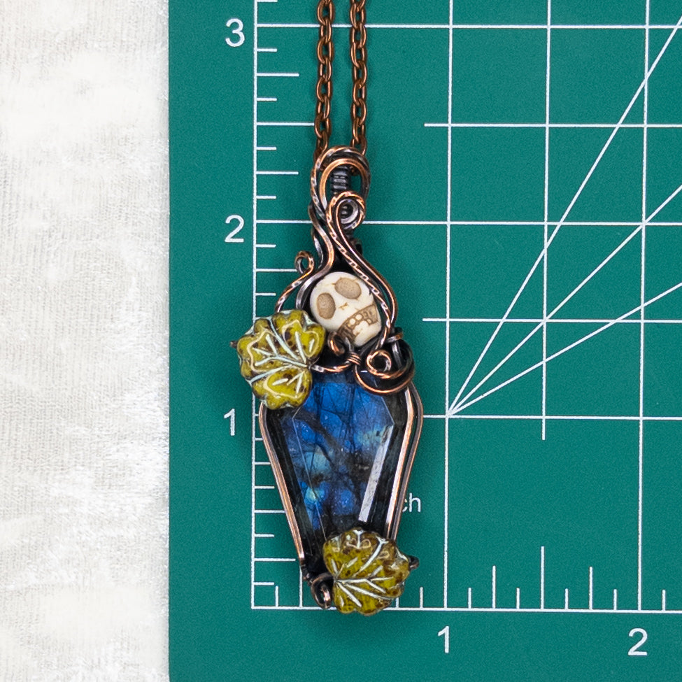 Labradorite Coffin Antiqued Copper Pendant With Czech Glass Leaves & Stone Skull