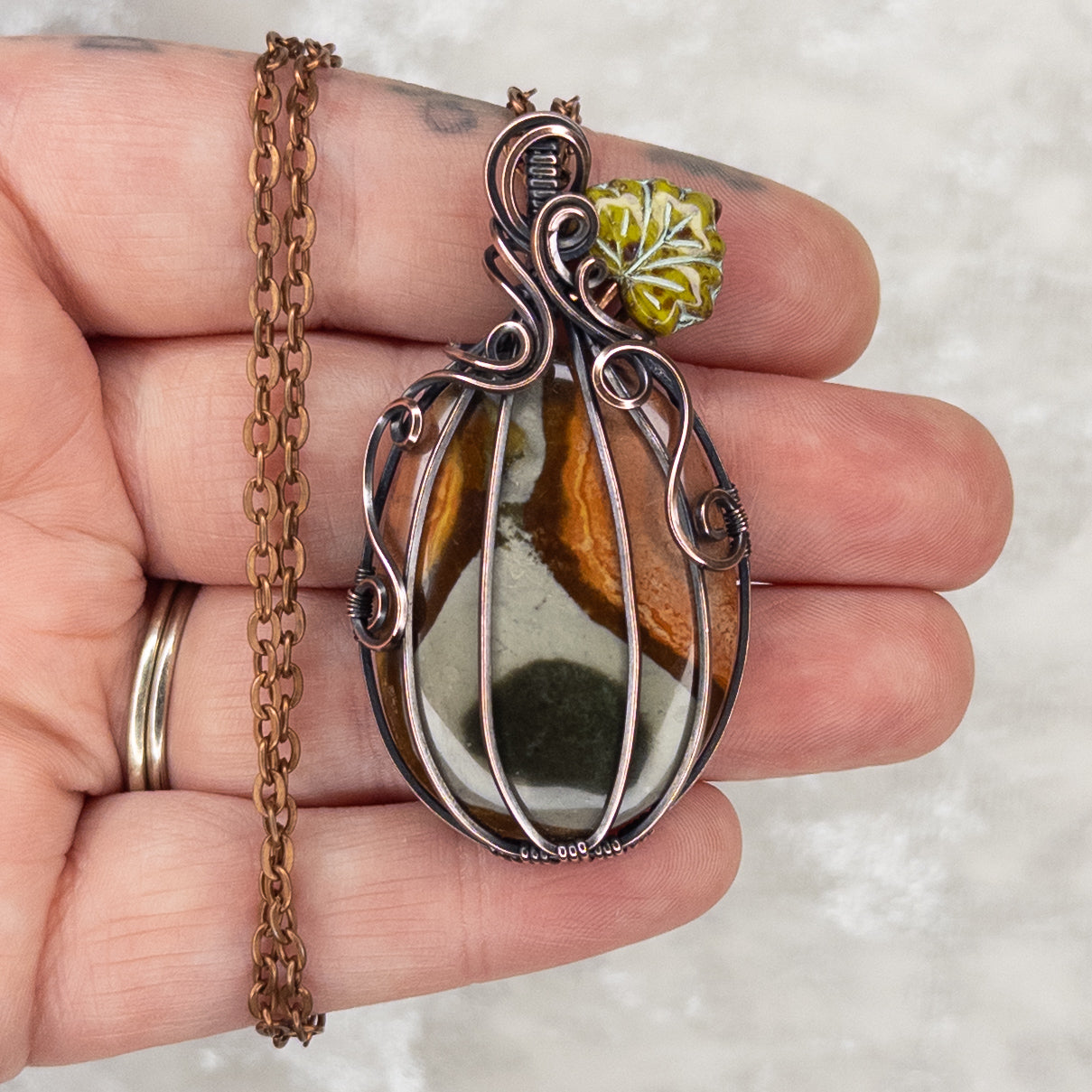Polychrome Jasper Antiqued Copper Pumpkin Pendant With Czech Glass Leaf