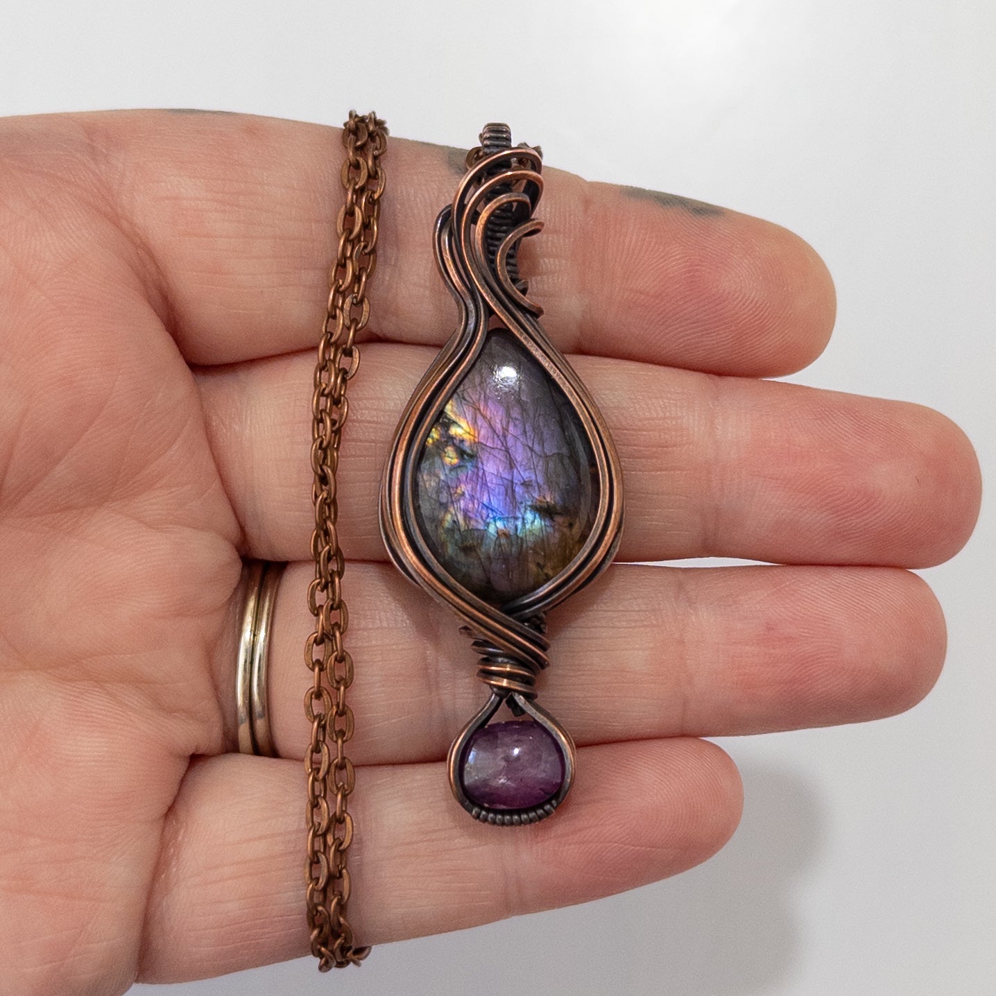 Rainbow Labradorite & Star Ruby Copper Wrapped Pendant