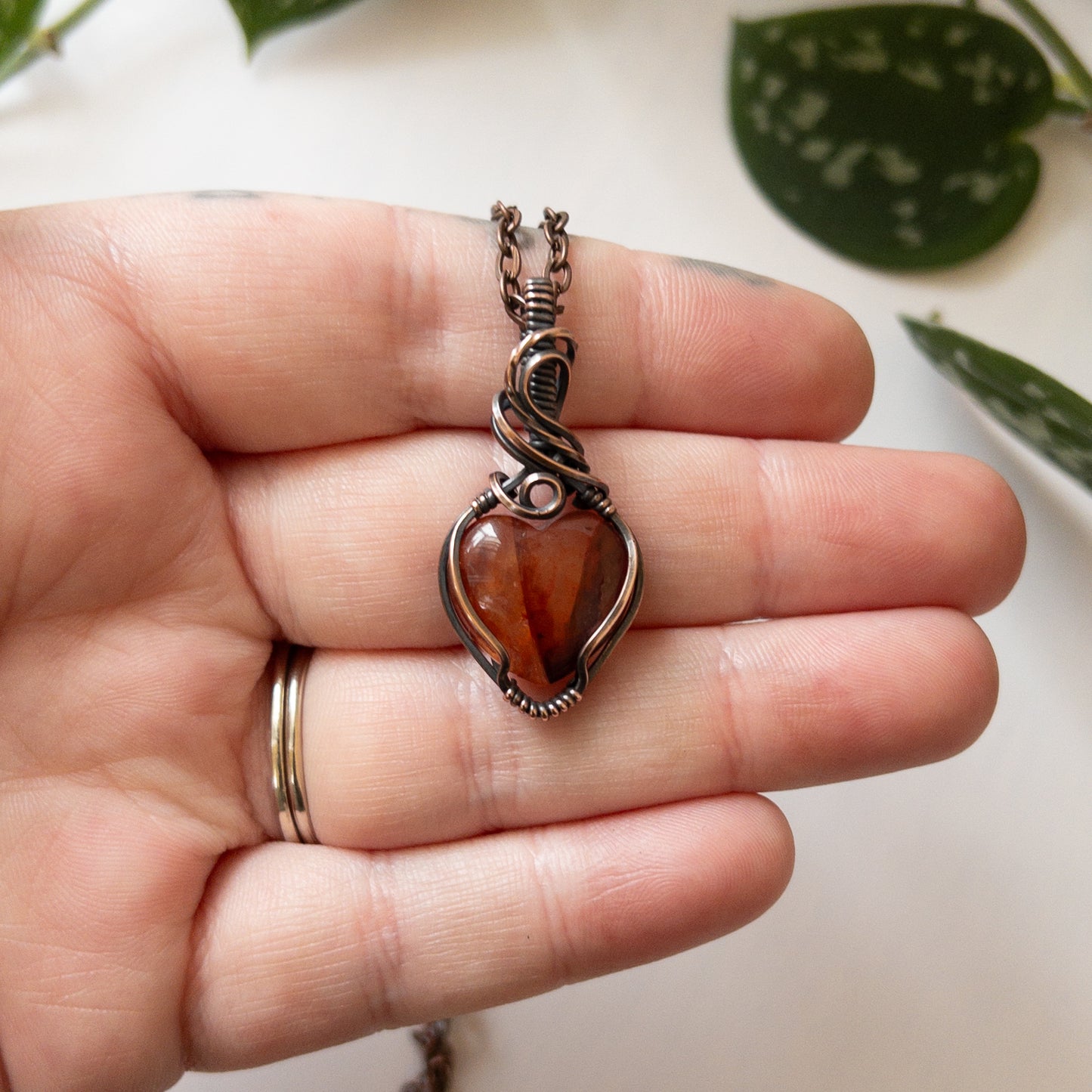 Fire Quartz Heart & Copper Wrapped Pendant