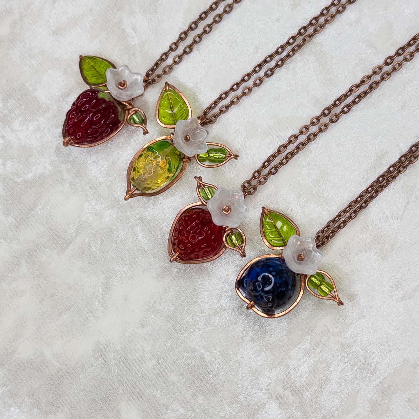 “Summer Harvest” Glass Fruit Wrapped Bare Copper Pendants