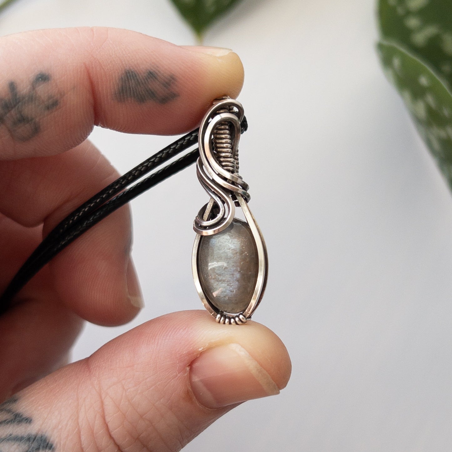 Dainty Black Moonstone & Sterling Silver Wrapped Pendant