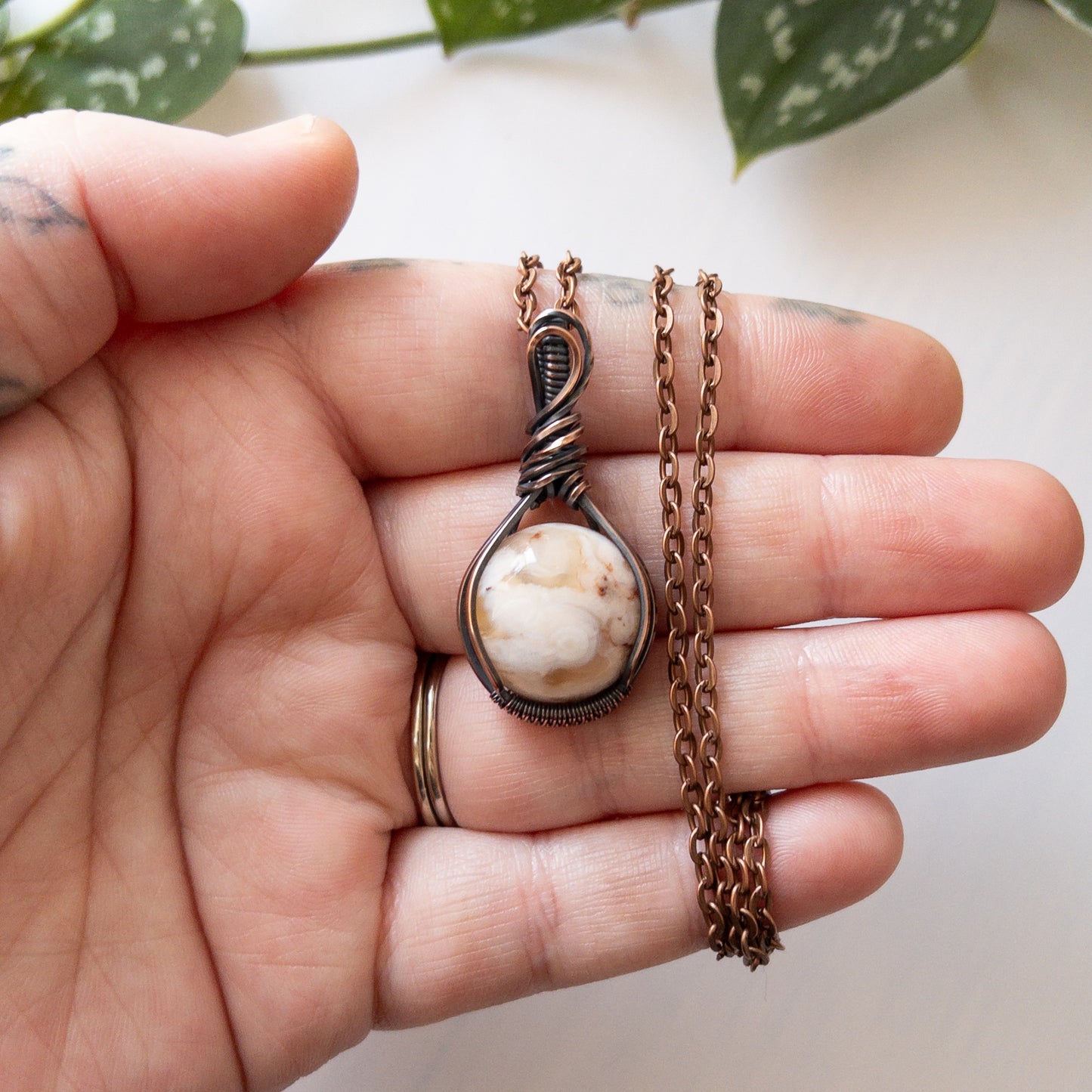 Flower Agate & Copper Wrapped Pendant