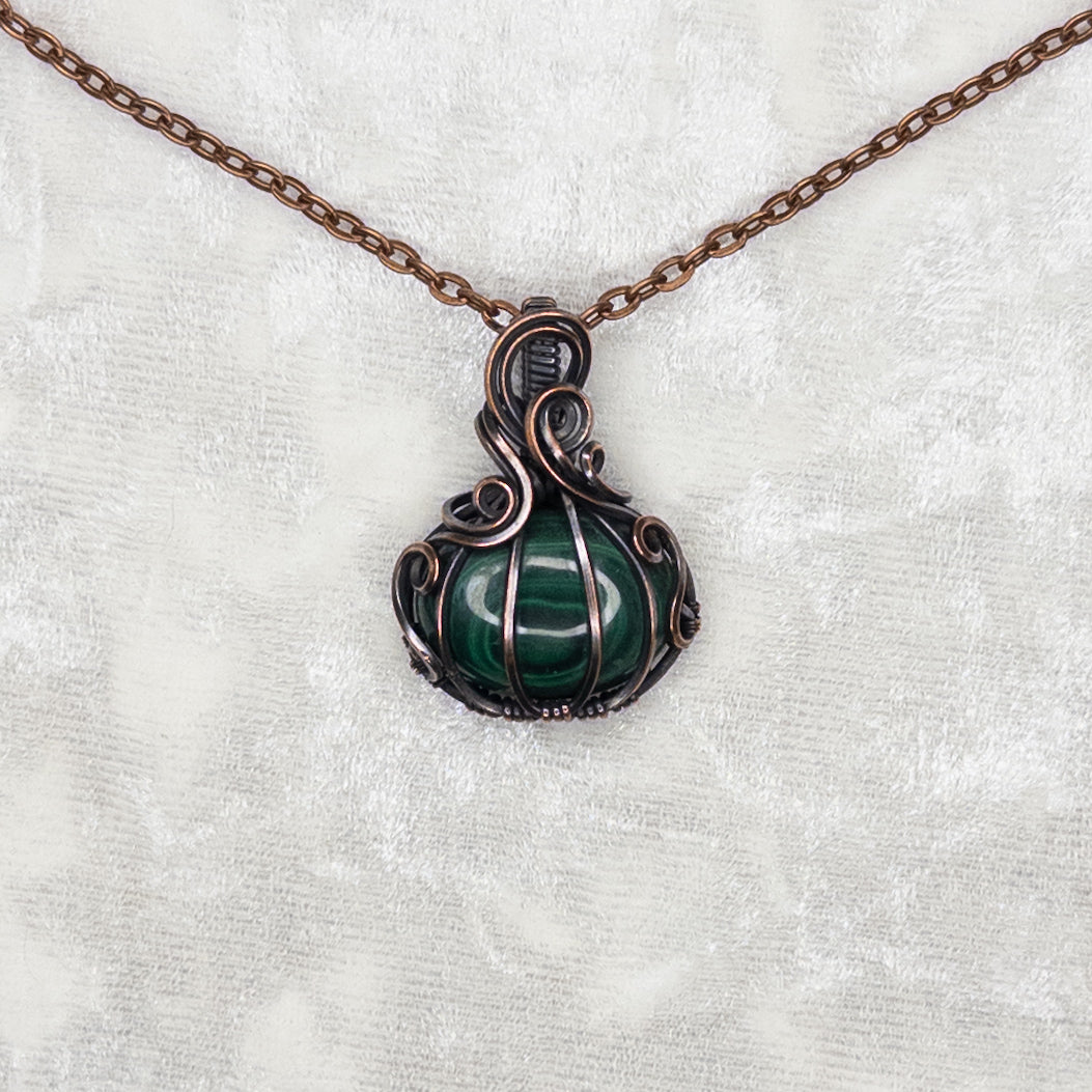 Malachite “Eye” Antiqued Copper Pumpkin Pendant