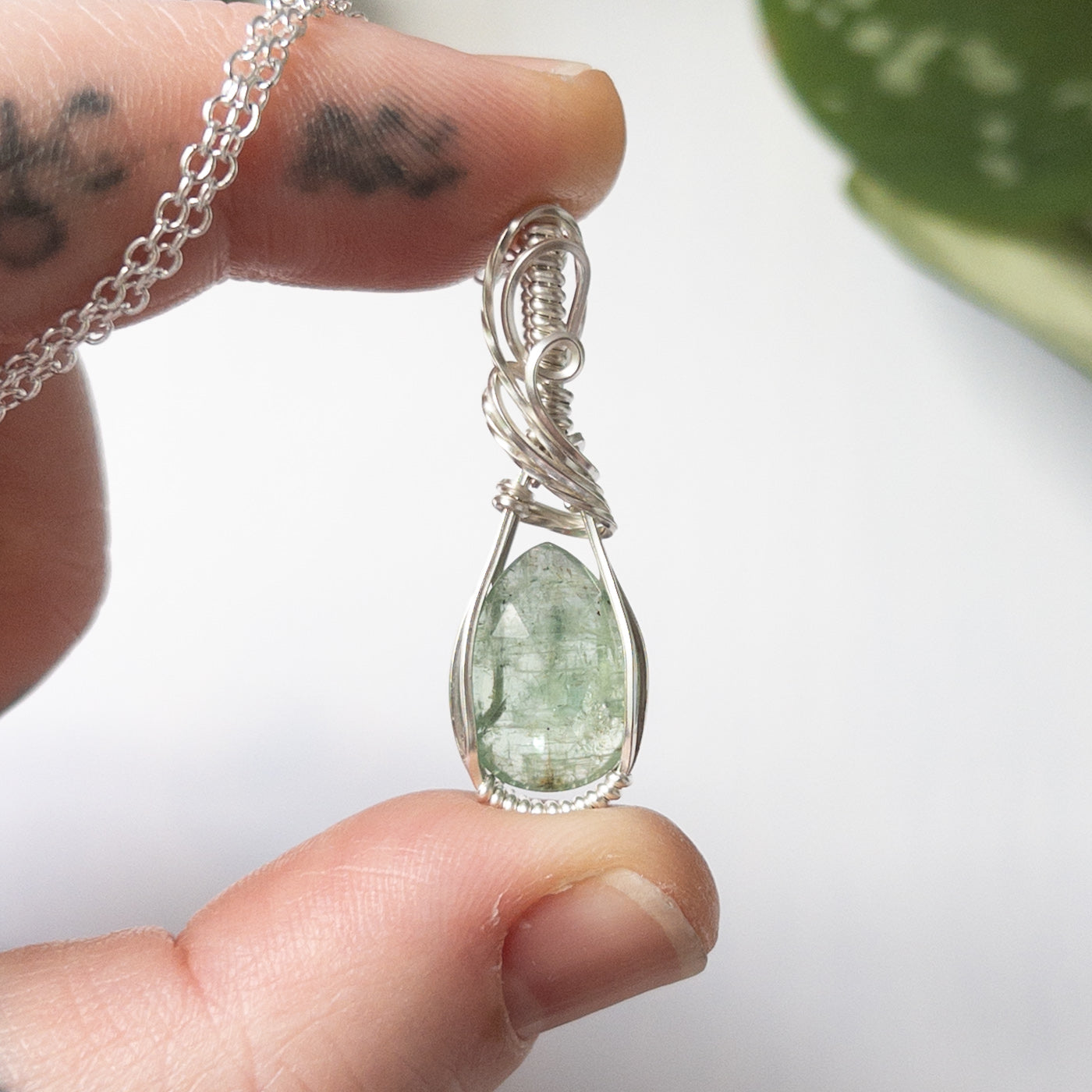 Faceted Green Kyanite & Sterling Silver Wrapped Pendant