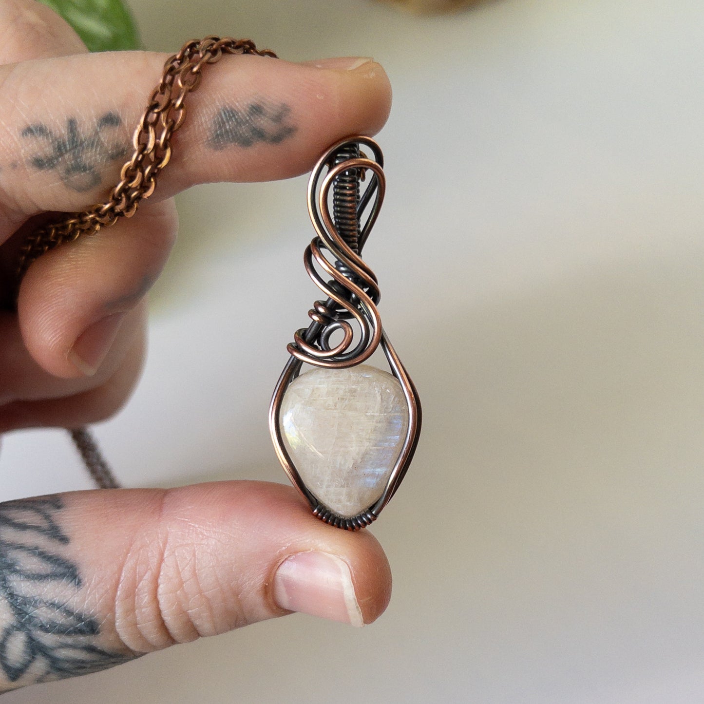 Belomorite Moonstone & Antiqued Copper Wrapped Pendant